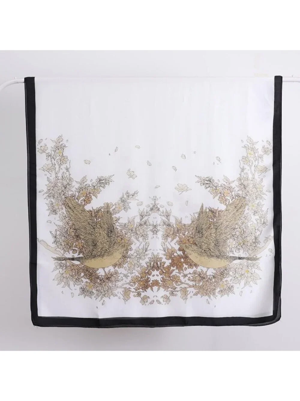 Women's White Black Light Silk Like Scarves Flower Print Head Cotton Wrap Scarf
